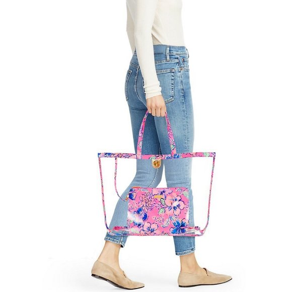 Woman's Handbags Lilly Pulitzer Kendyl Tote New NWT Clear Pink Floral Beach Bag - Picture 4 of 8